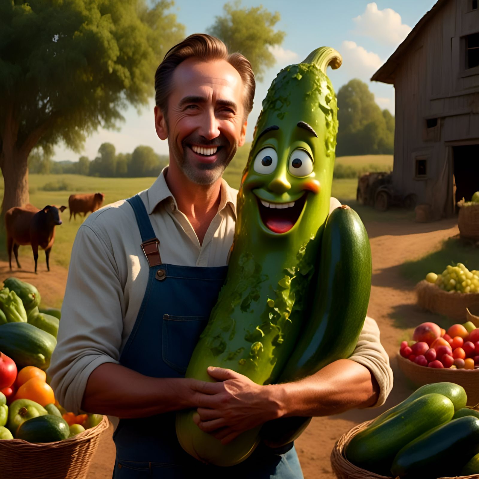 Happy Man Holding Giant Pickle on Sunny Farm