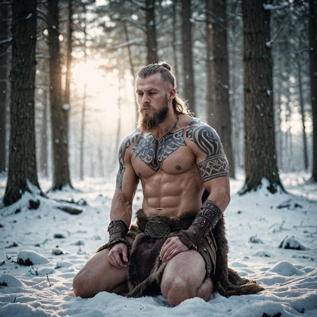 Viking Meditating in Snowy Forest: Cinematic Still