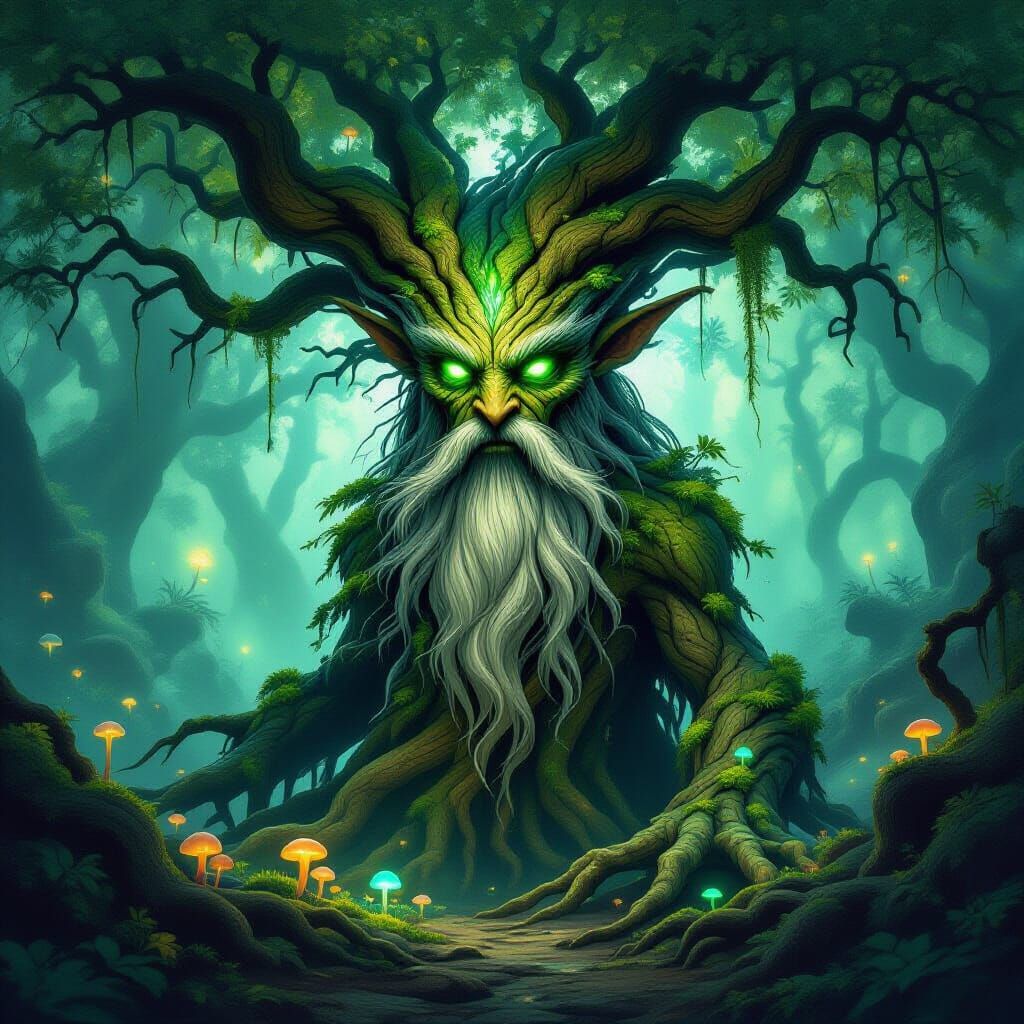 Ancient Tree Spirit Guards Magical Grove in Dark Fantasy Sty...