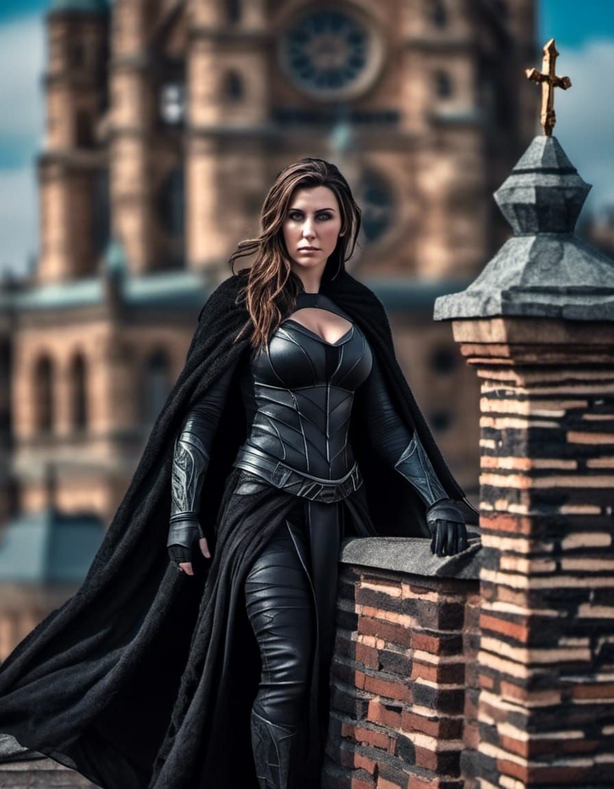 Gothic Assassin on Church Roof in Photorealistic Style