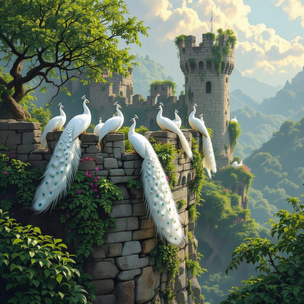 White Peacocks on Ruined Castle in Fantasy Digital Matte Pai...