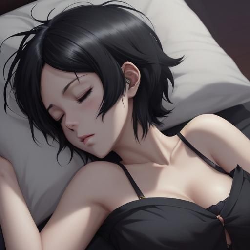 Woman with Black Hair Sleeping: Anime Key Visual