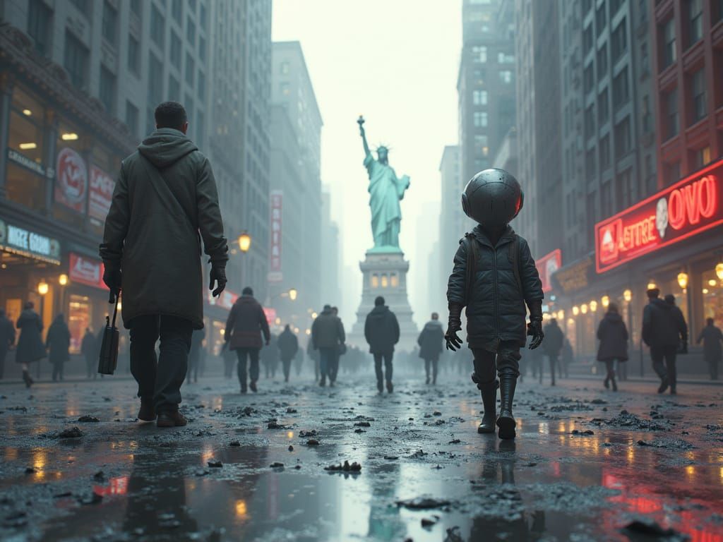 Vibrant Winter Scene in Mid-Day Fog, Paralyzed NYC Street wi...