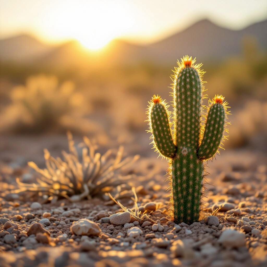 Lonely Cactus Bathed in Warm Sunlight