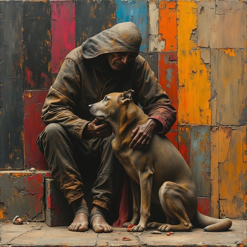 Figurative Abstraction of Beggar and Dog in Geometric Style