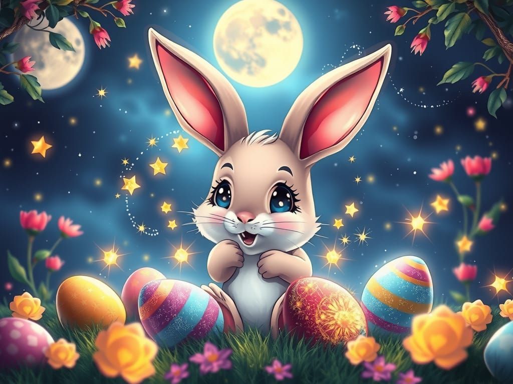 Whimsical Chibi Easter Bunny in Starry Night Wonderland