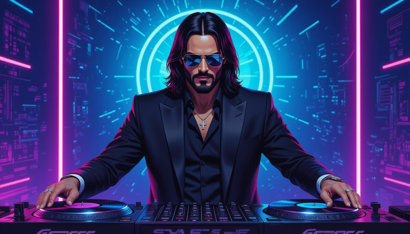 Jesus Christ DJing in Futuristic Neon Style