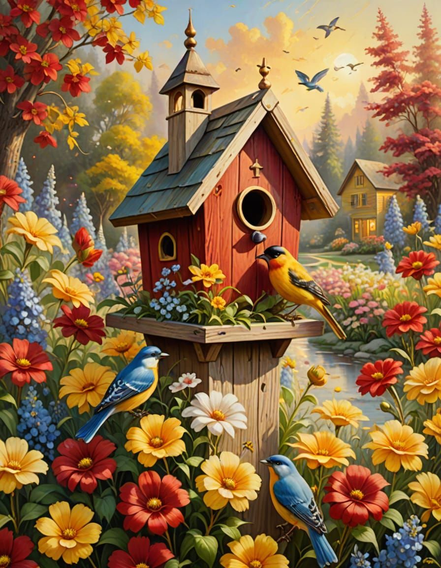 Whimsical Oil Painting of Red and Yellow Birdhouse in Vibran...