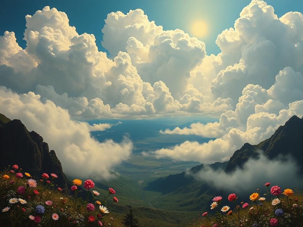 Surreal Flowers in Clouds Over Valley: Oil Painting