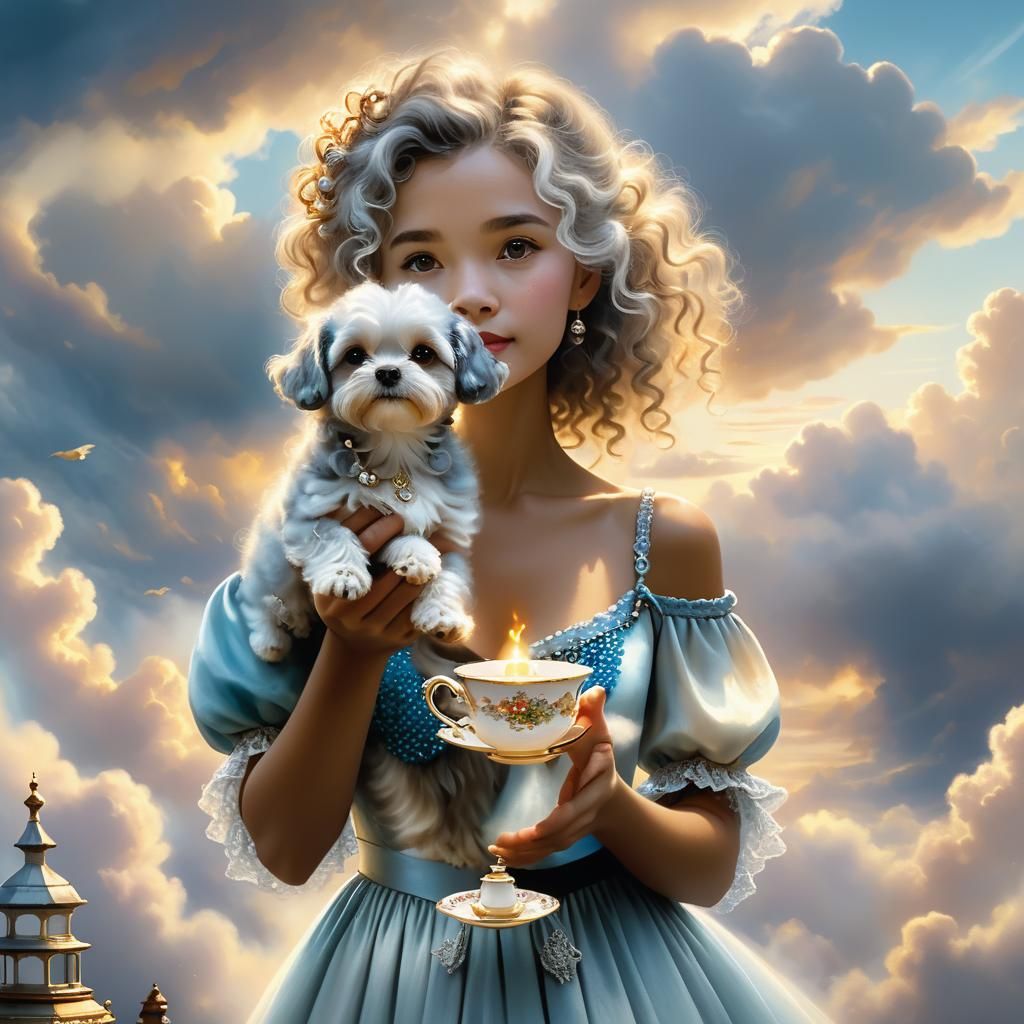 Ethereal Woman with Cloud Hair in Dreamy Landscape