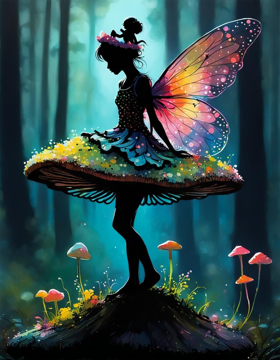 Fairy Silhouette on Mushroom in Tachisme Style