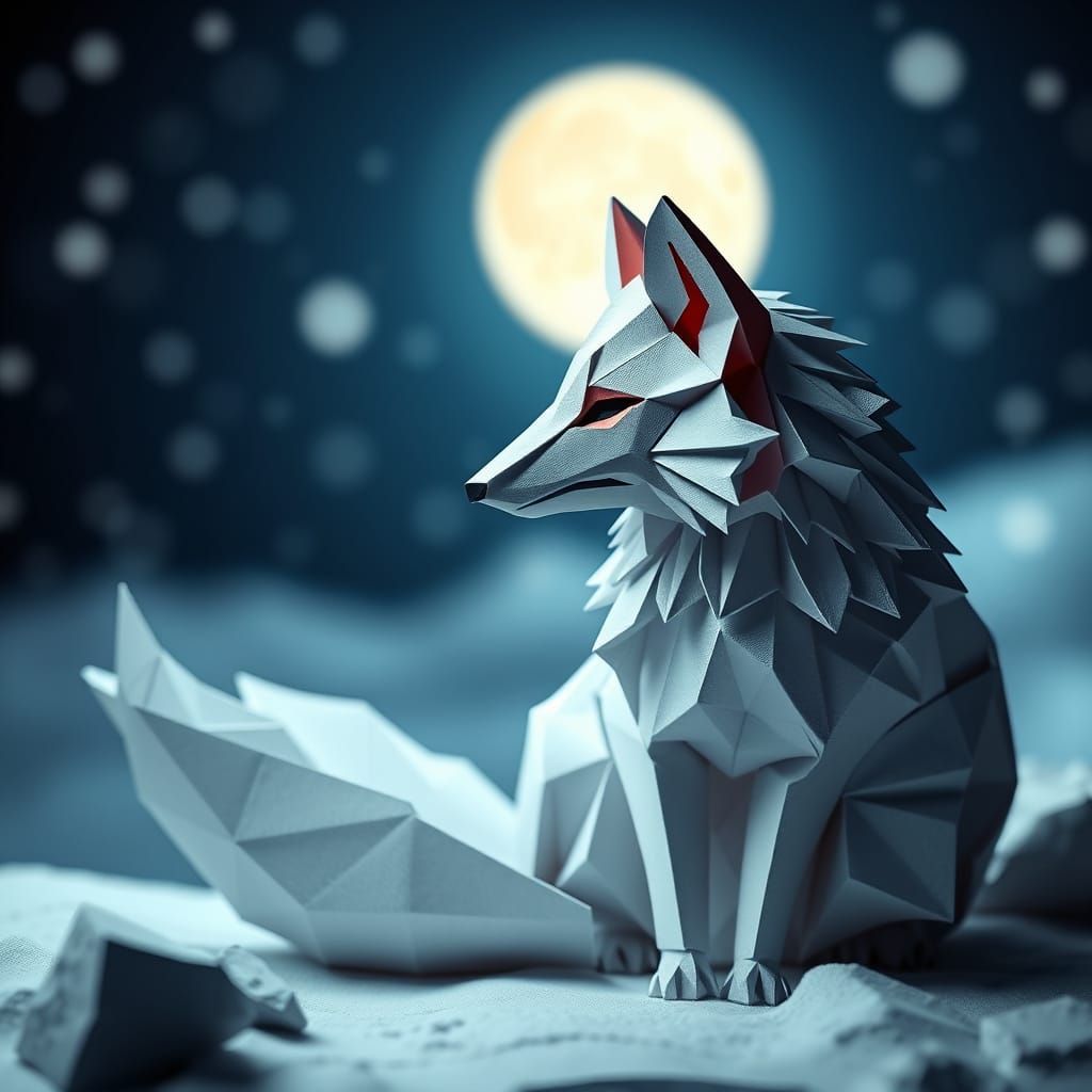 Origami Arctic Fox Under Snowy Moonlight