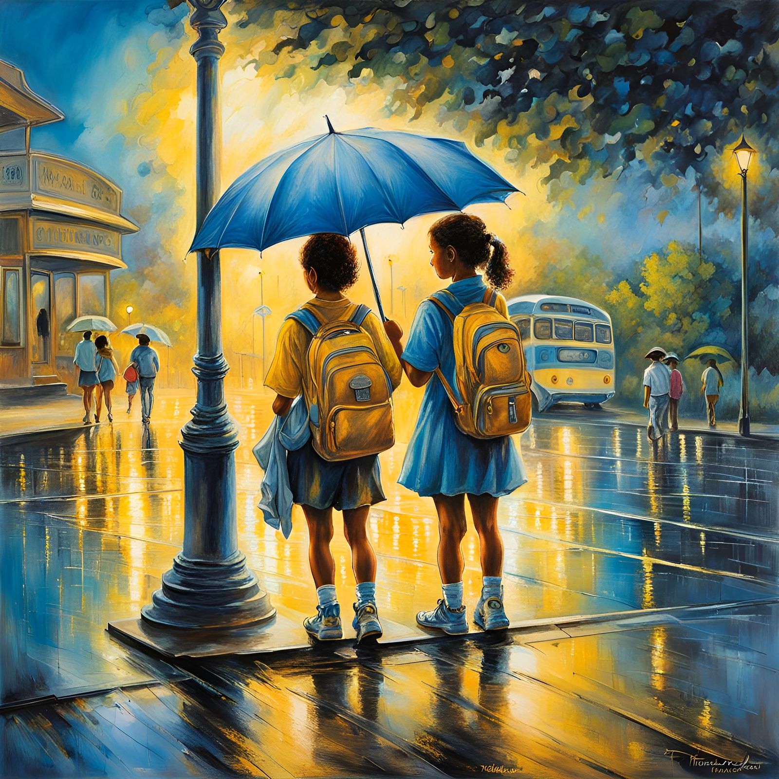 School Kids in Rainy Miami, Whimsical Illustration