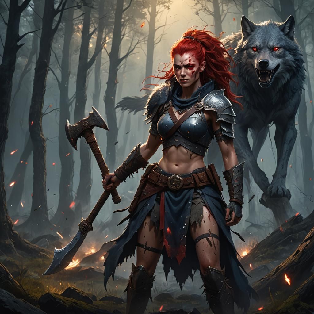 Fierce Wolf Warrior with Axe in Forest