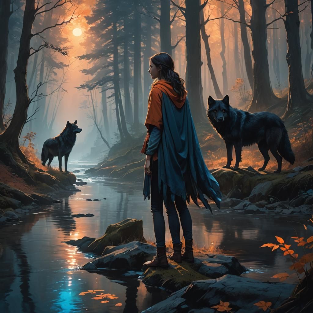 Mystical Forest Encounter: Woman and Black Wolf