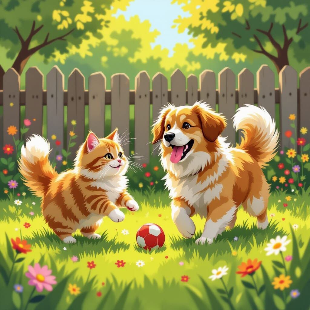 Ginger Cat and Golden Retriever Play in Sunlit Backyard