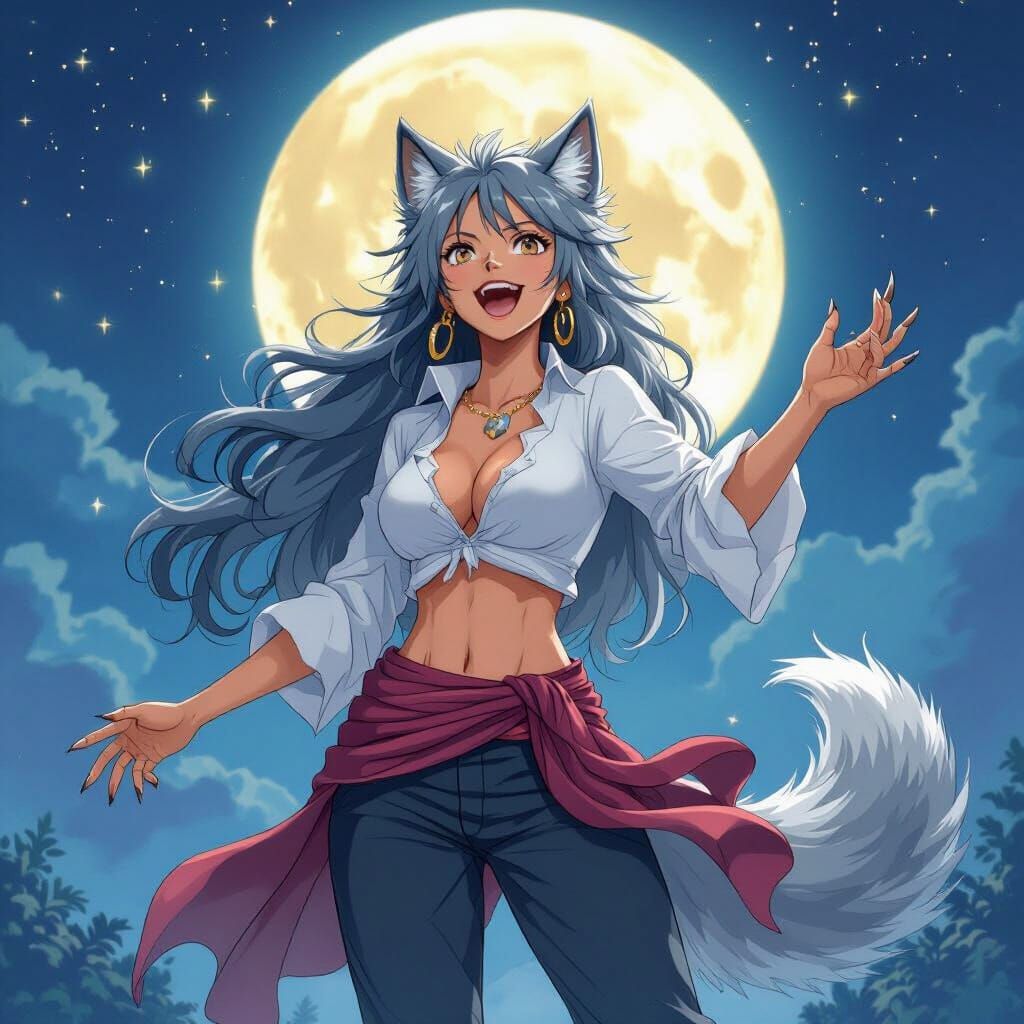 Werewolf Nami Howling at Full Moon in Whimsical Style