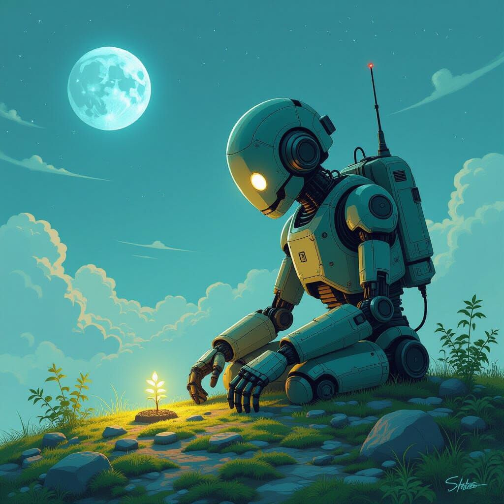 Ancient Robot Tends Glowing Garden on Terraformed Moon