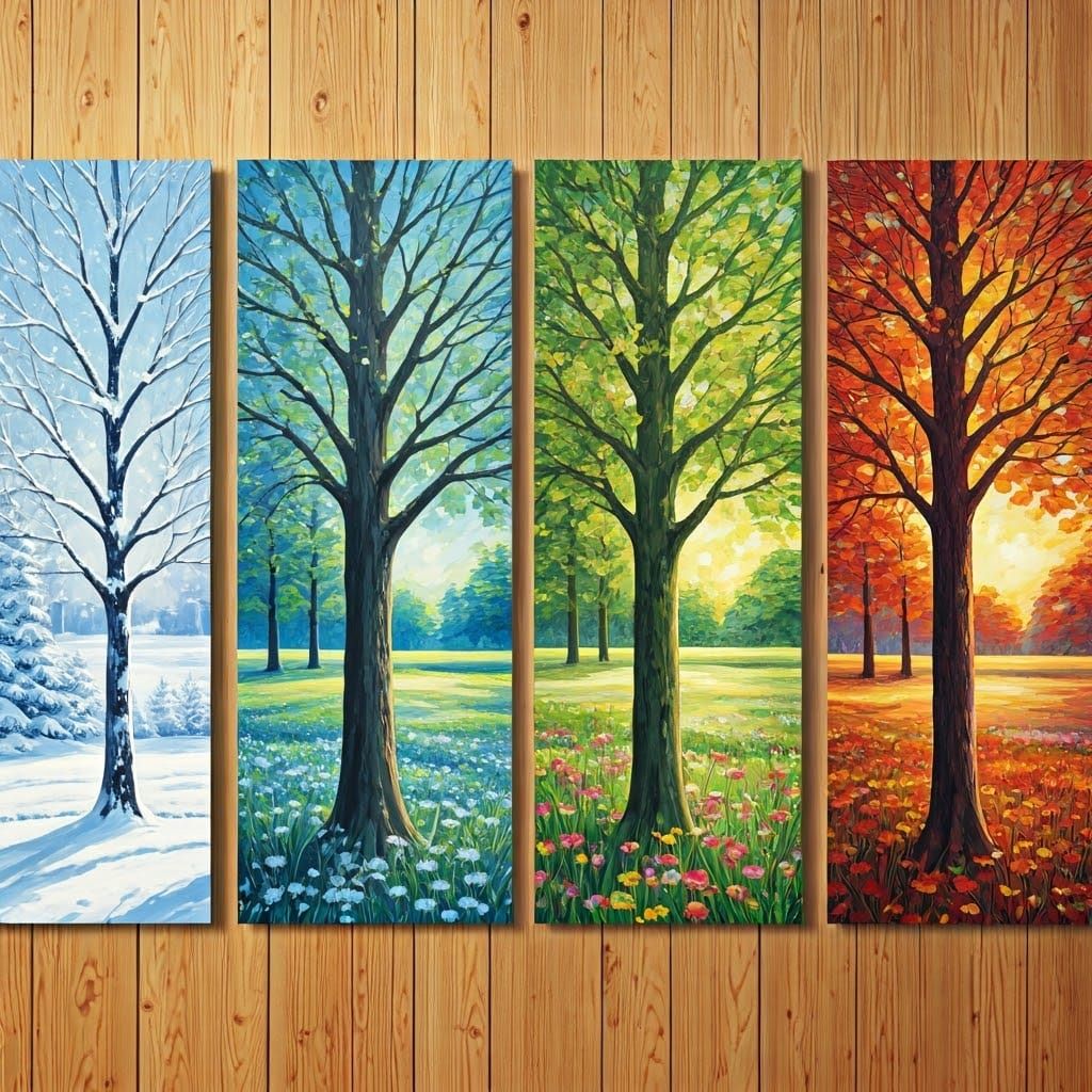 Four Seasons Oil Paintings on Wooden Wall