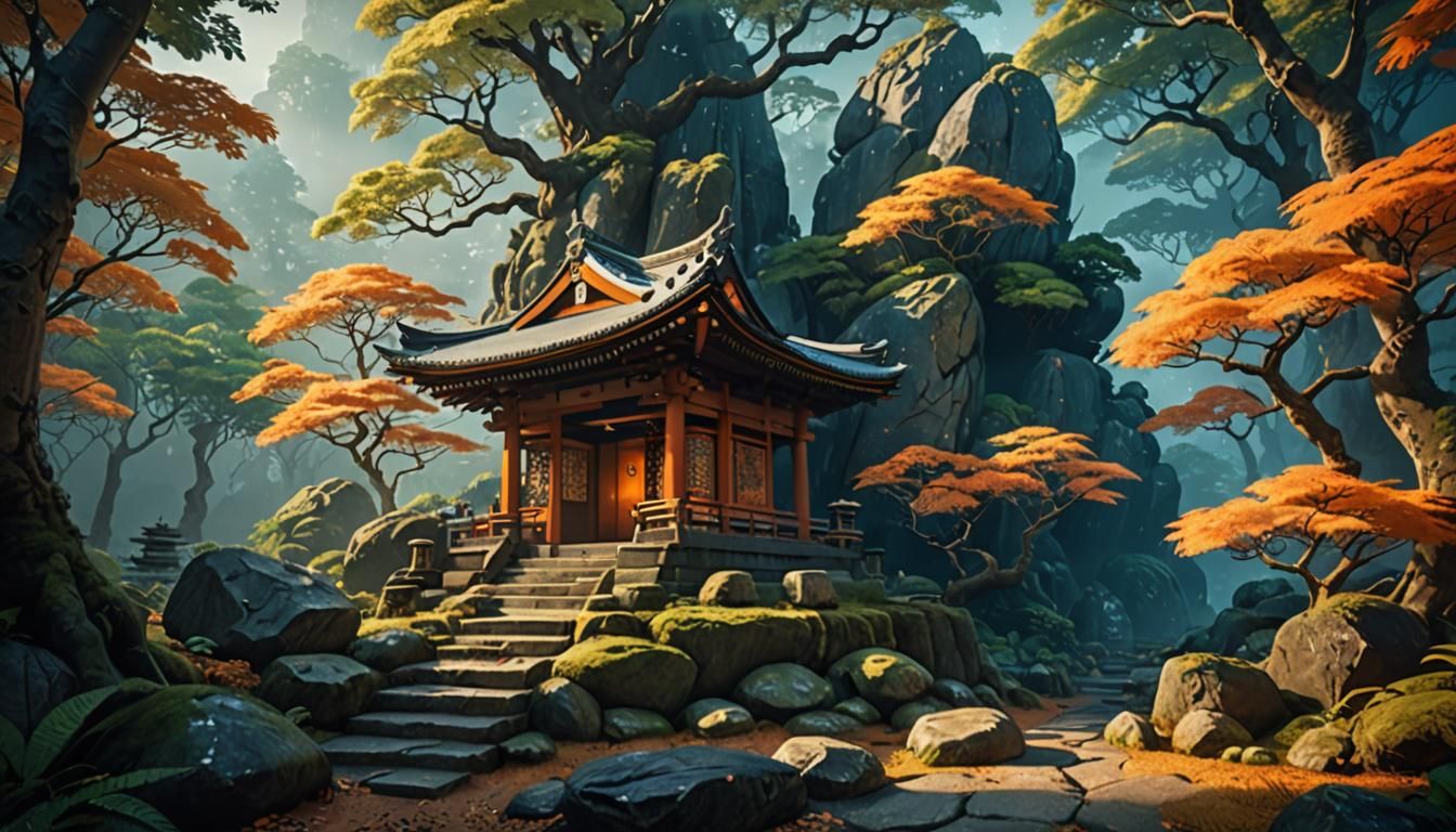 Japanese Shrine in Forest: Detailed Fantasy Matte Painting