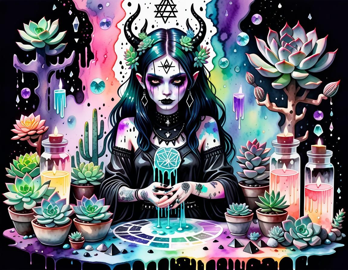 Pastel Goth Demoness at Goddess Altar in Watercolor