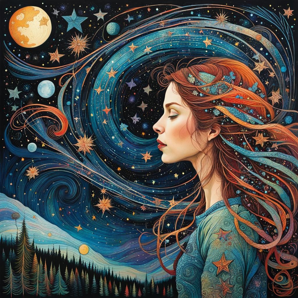 Vibrant Starry Night Sky in Art Brut Style