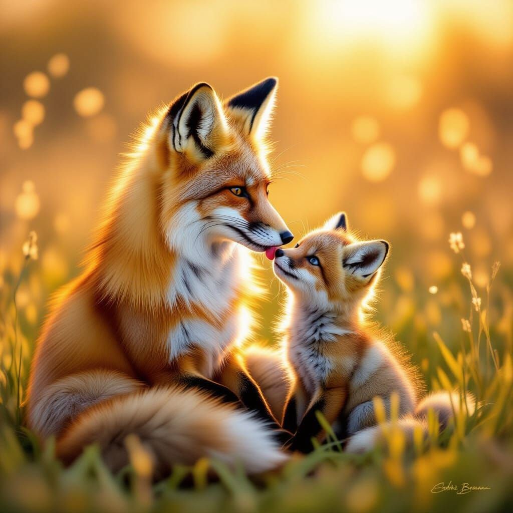Mother Fox Tends to Cub in Golden Hour Meadow