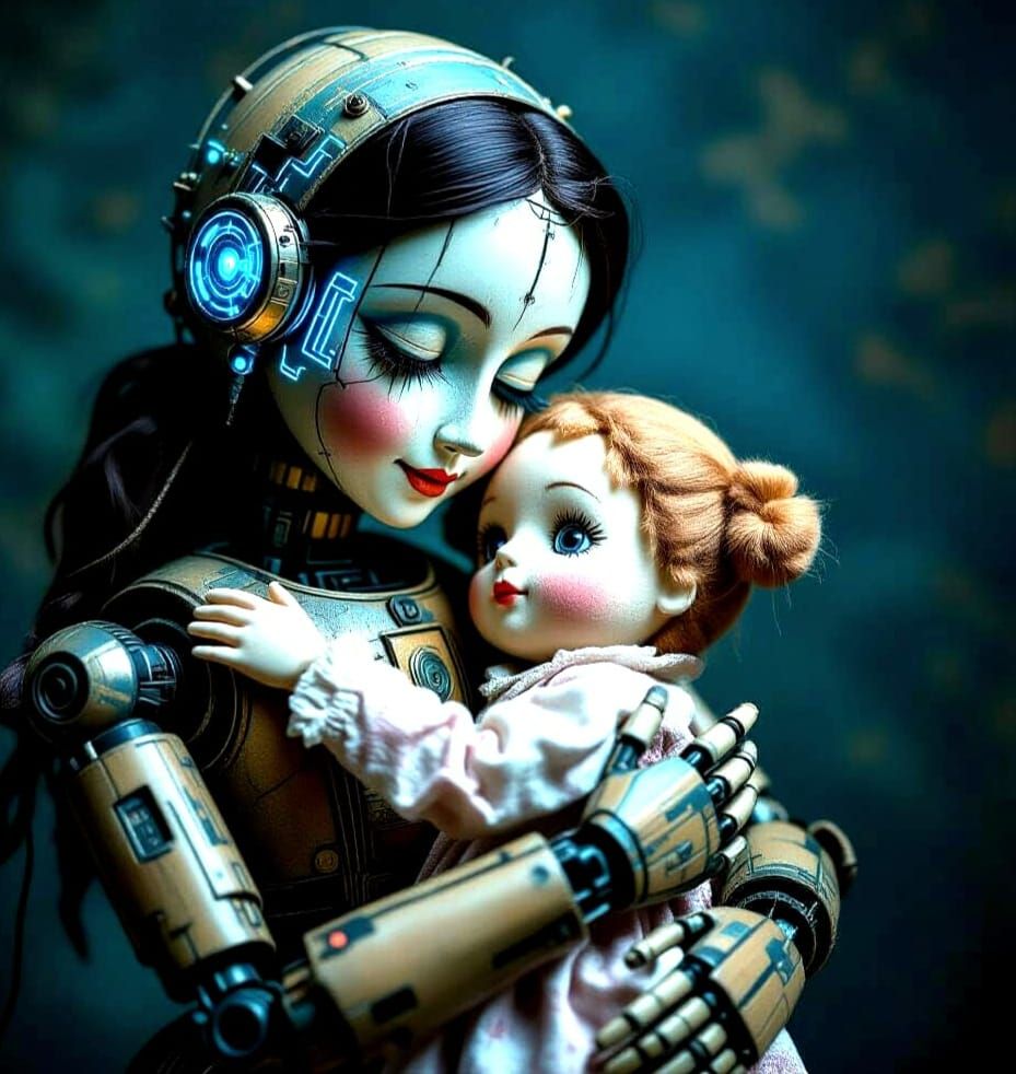 Cyberhybrid Marionette Embracing Plush Doll in Burlesque Sty...