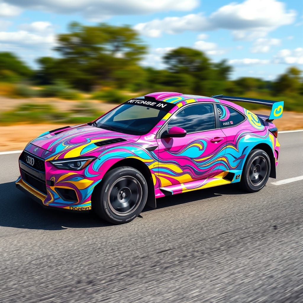 Rally car wrapped in "doreen" artwork
