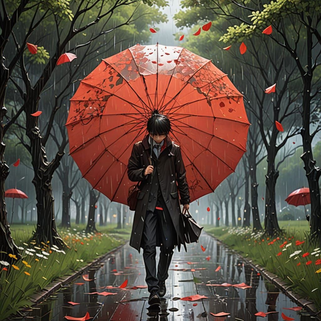 Whimsical Red Umbrella in Windstorm: Anime Style