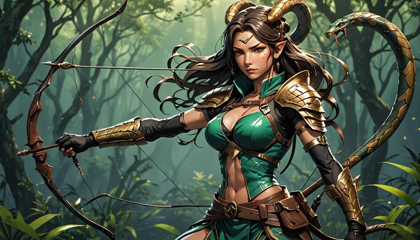 Anime Snake Woman Archer in Cel-Shaded Style