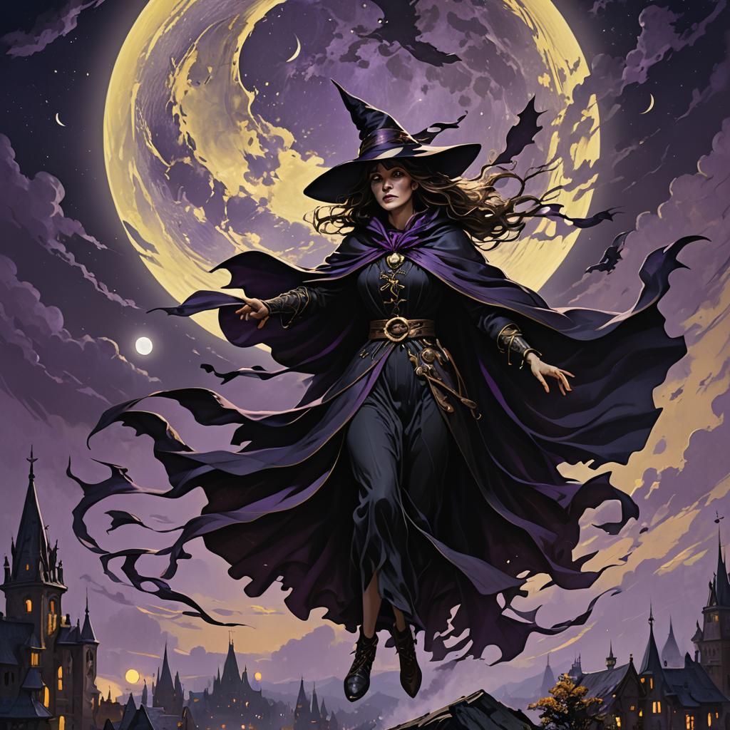 Flying Witch: Dark Fantasy Art in Greg Rutkowski Style