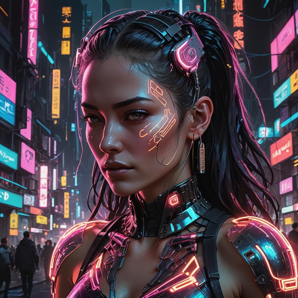 Cyberpunk Heroine with Neon Glow and Metallic Earpod