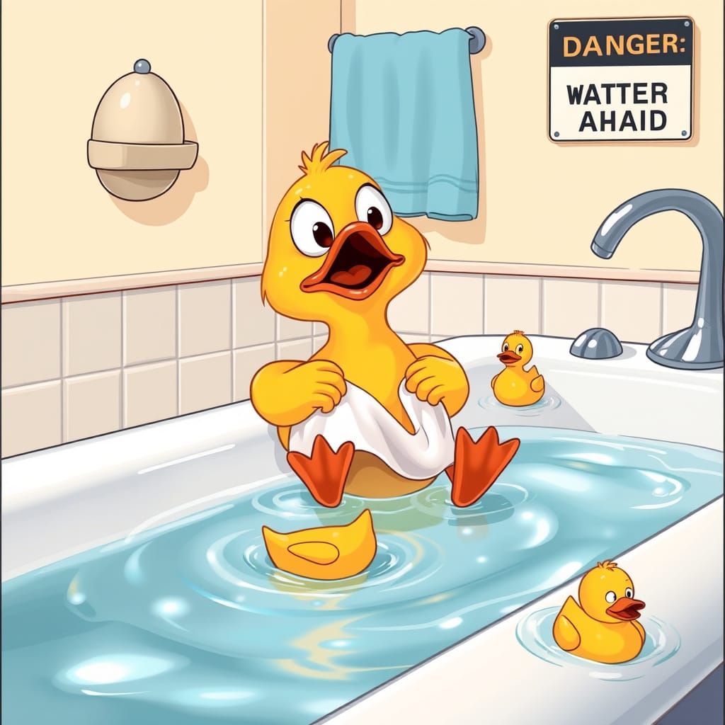 Nervous Rubber Duck Teeters on Bathtub Edge