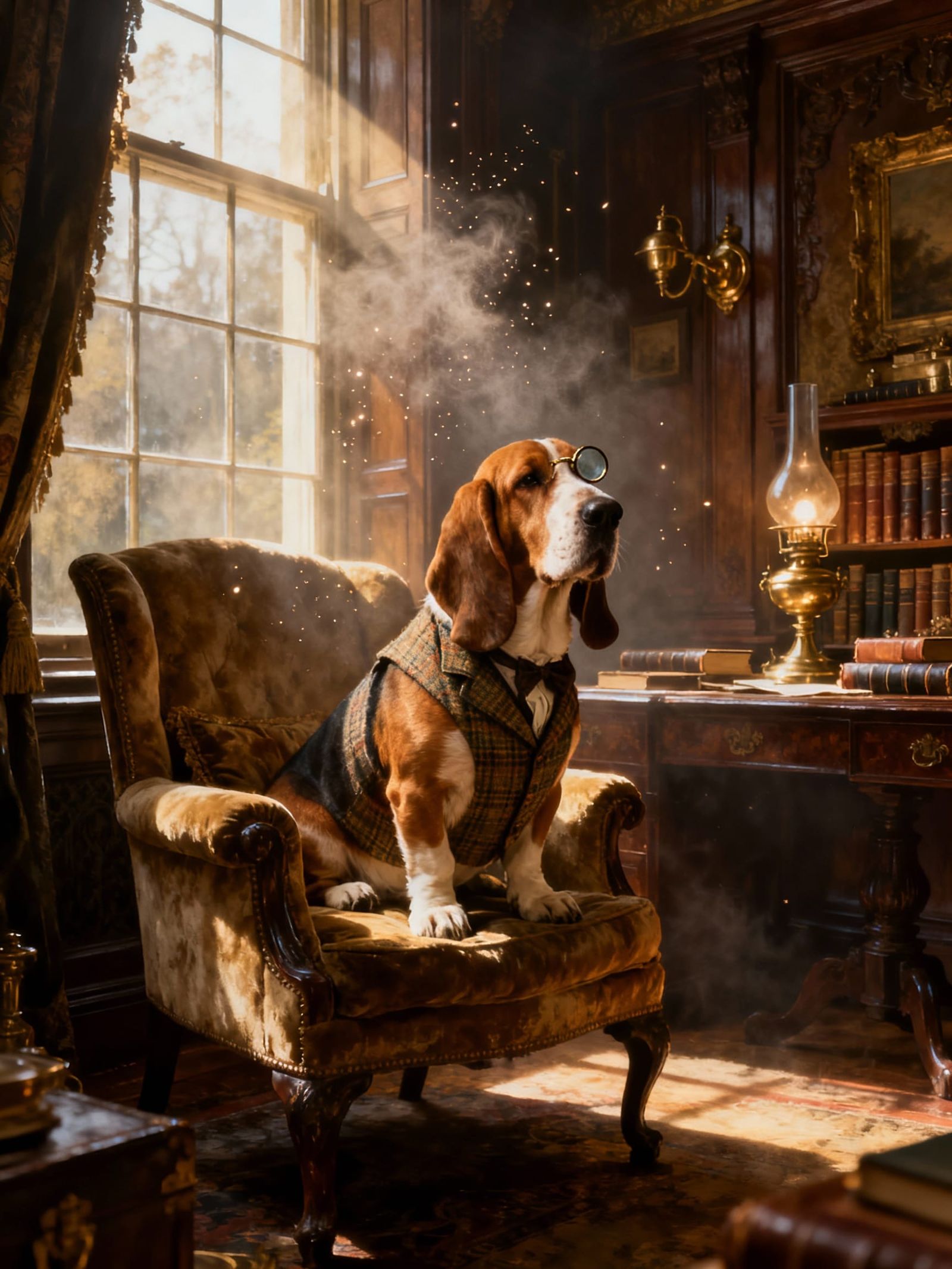 Regal Basset Hound in Victorian Study, Matte Painting Style