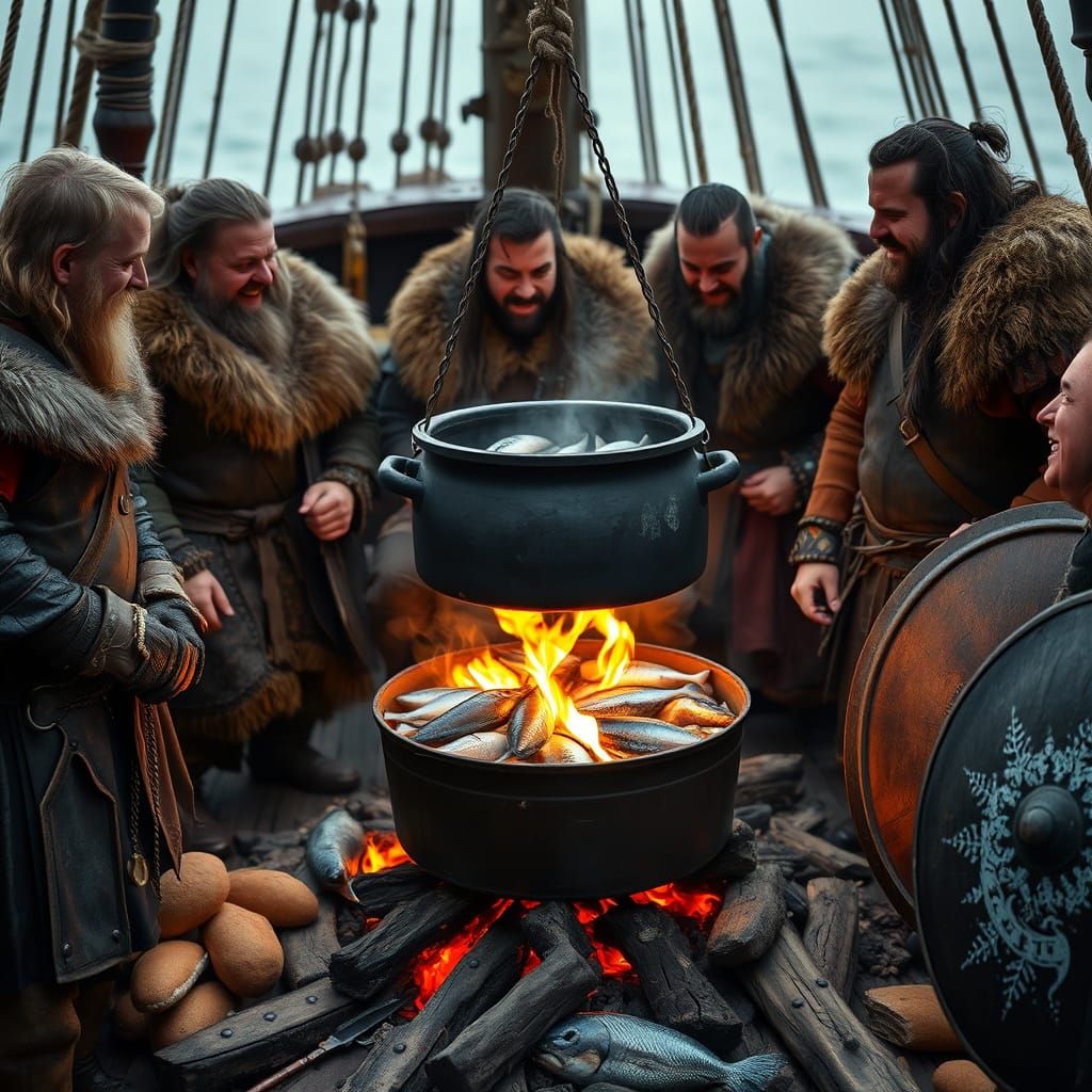 Viking Longship Crew Shares Warm Meal at Sea
