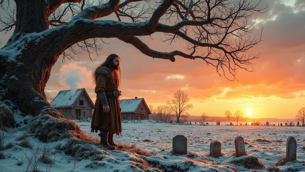 Norse Man Contemplates Ancient Burial Site at Sunset