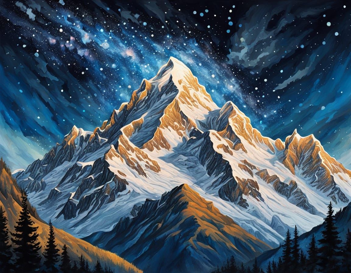 Snowy Mountain Under Constellations: Storybook Realism