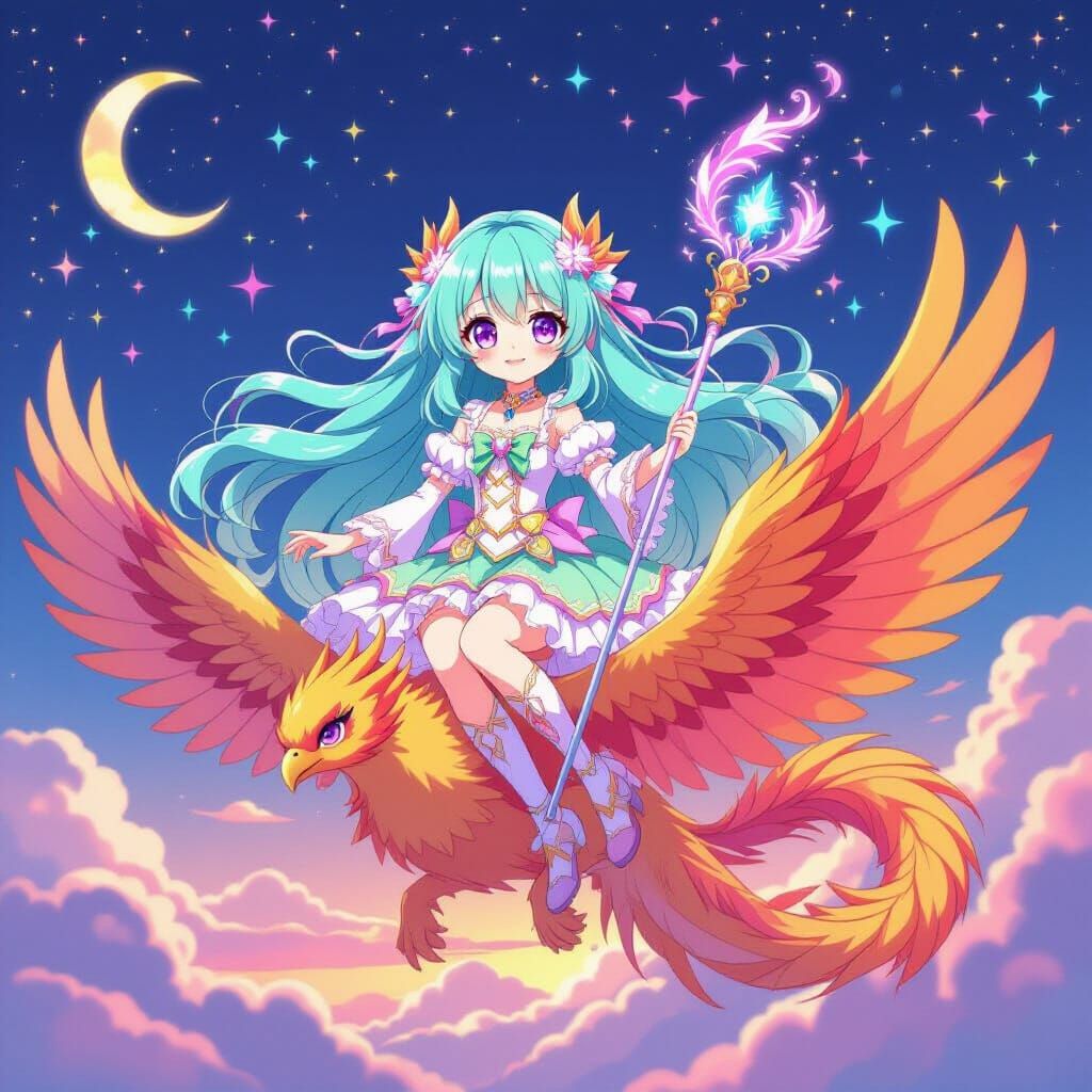 Anime Girl on Phoenix in Twilight Sky