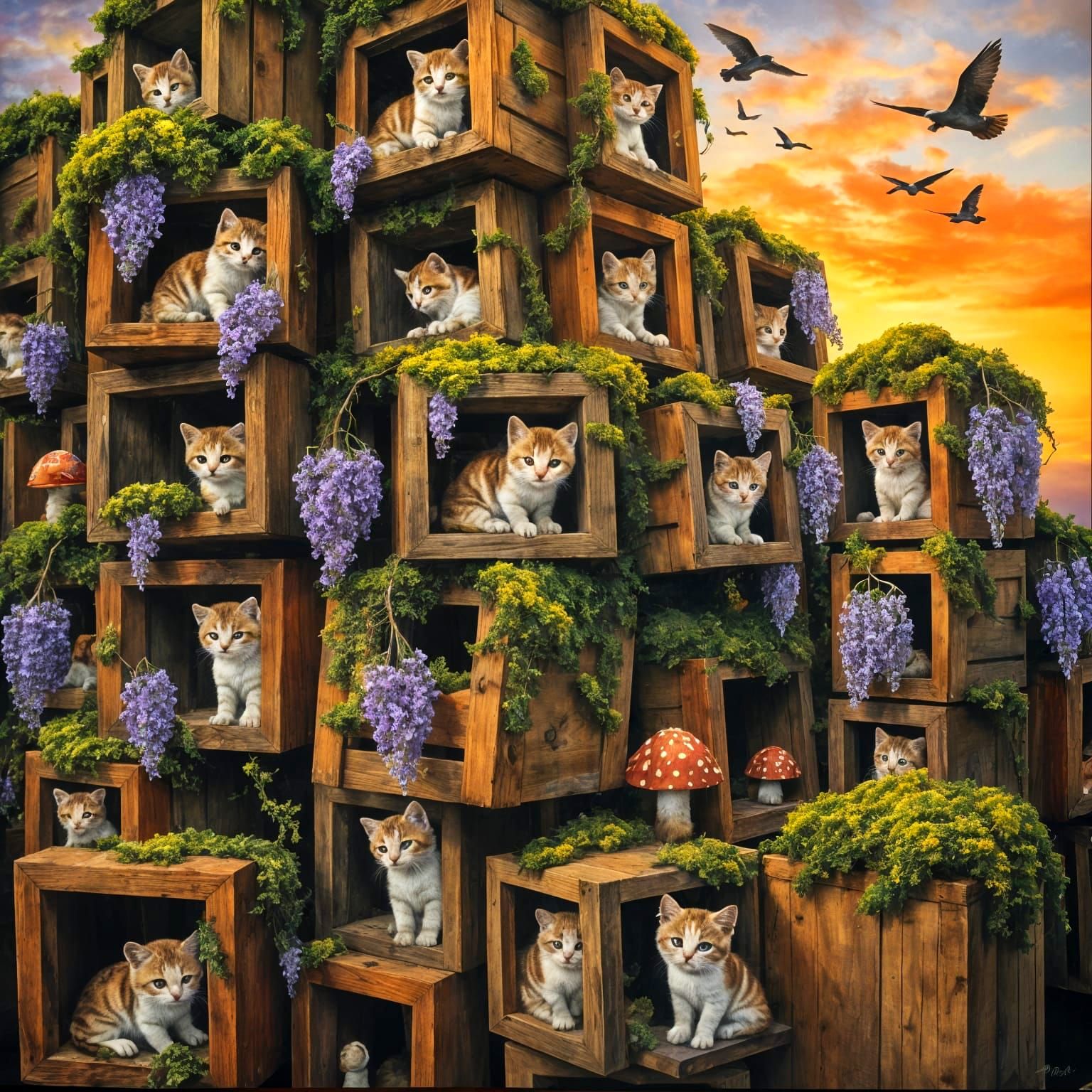 Kittens Peeking From Mossy Boxes in Sunset Light