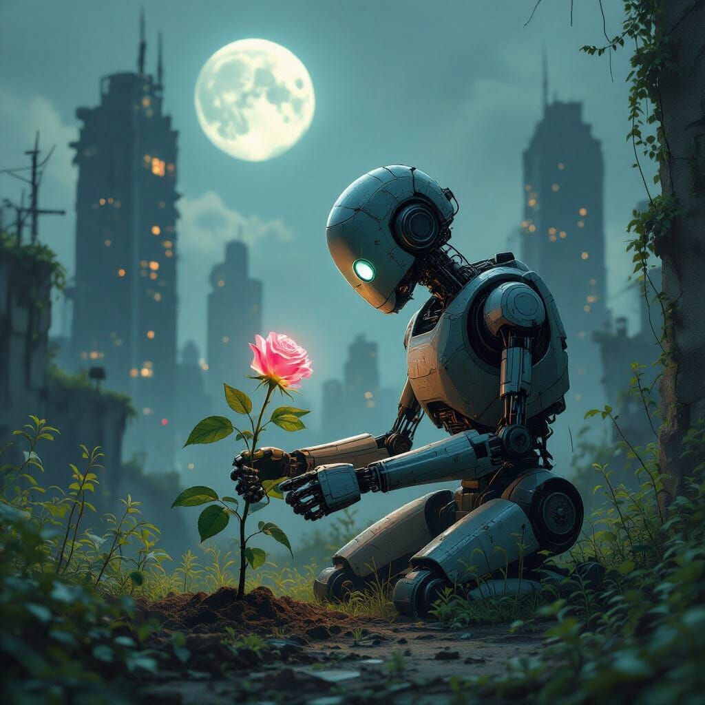 Robot Gardener Tends Bioluminescent Rose in Ruined City
