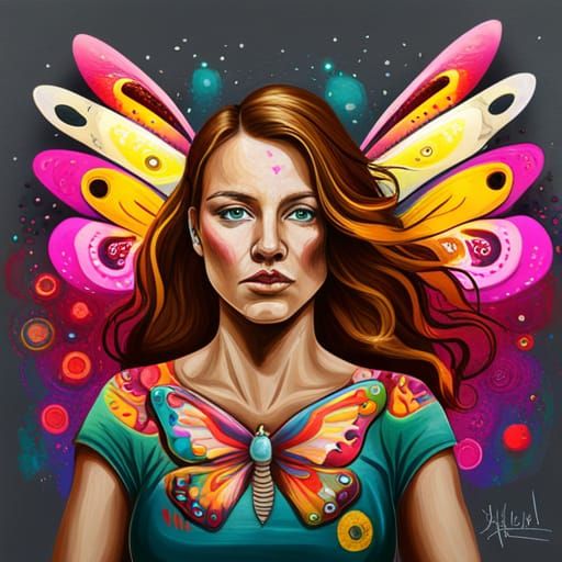 Butterfly-Winged Woman in Graffiti Art Style
