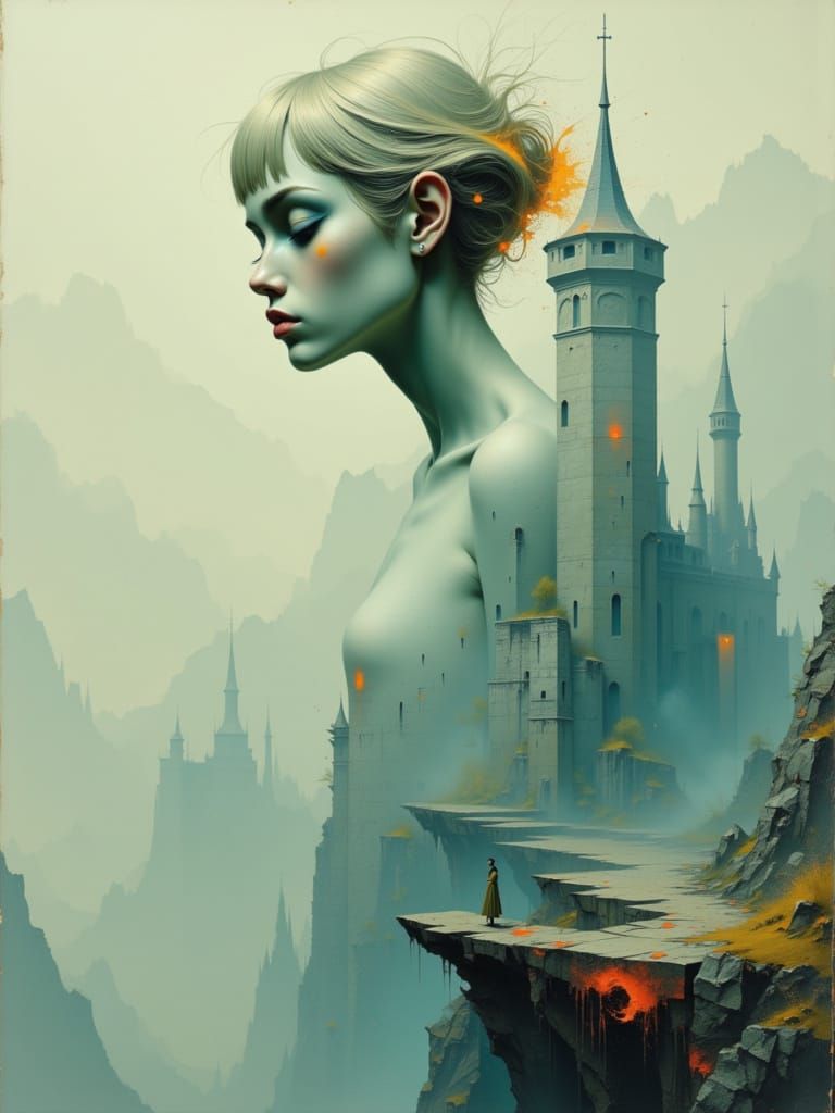 Ethereal Woman Overlooks Misty Castle in Dreamscape