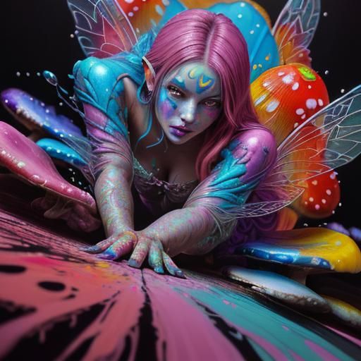 Psychedelic Fairy on Mushroom in Velvet Painting Style