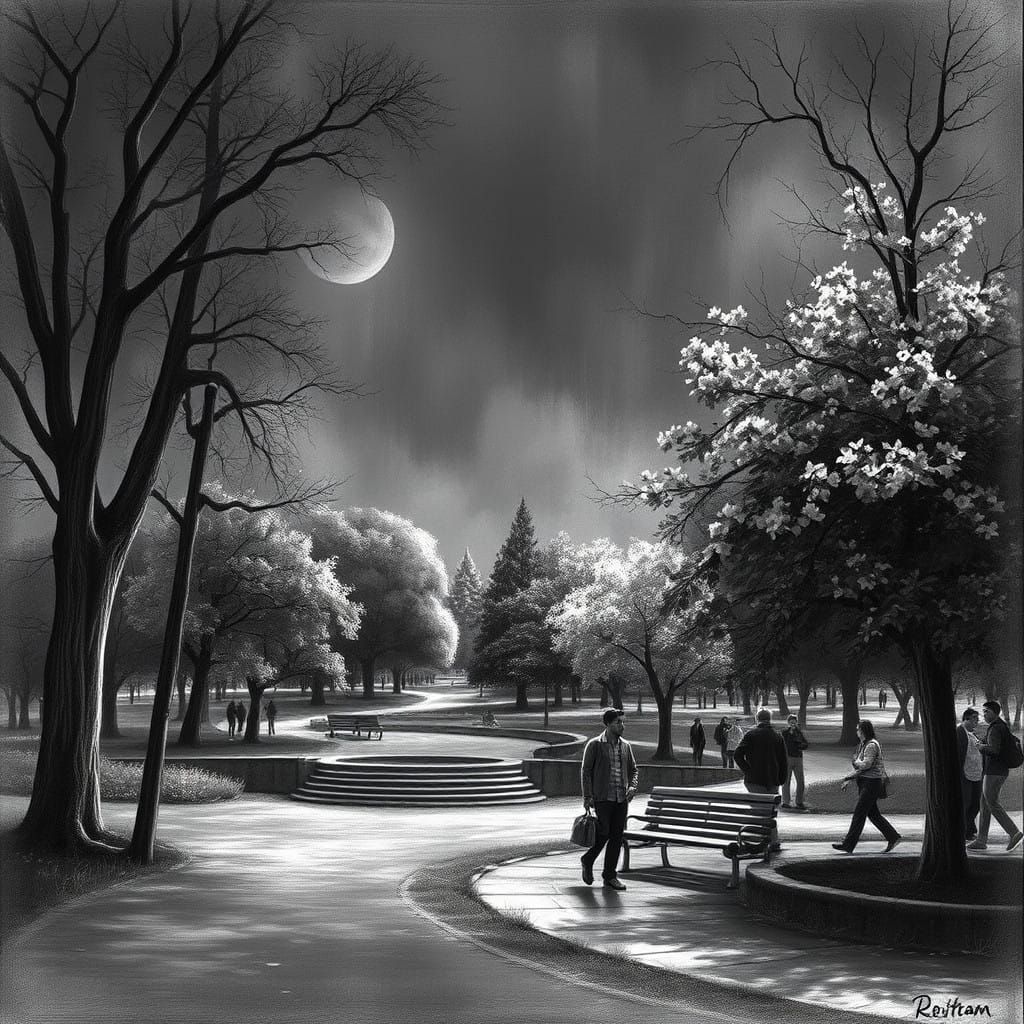 Mysterious Park Scene in Charcoal Art