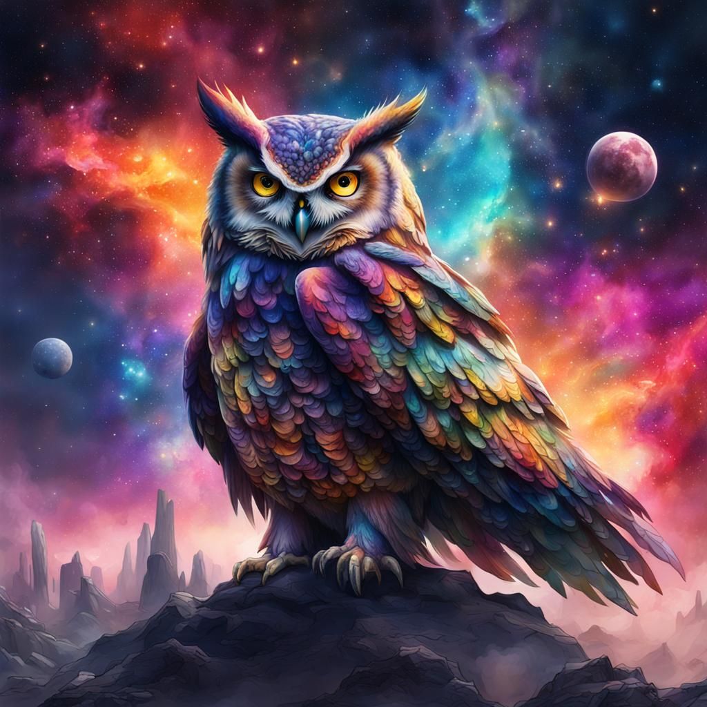 Watercolor Galaxy Owl: Detailed Fantasy Art