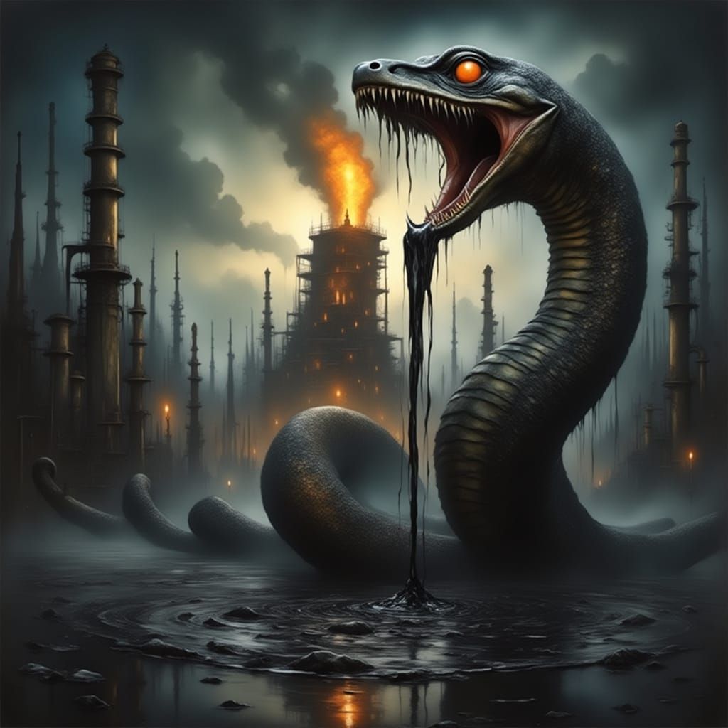 Black oil gushing from a mutated black snake's mouth. In the background fires burn in abandoned oil refineries as one re...
