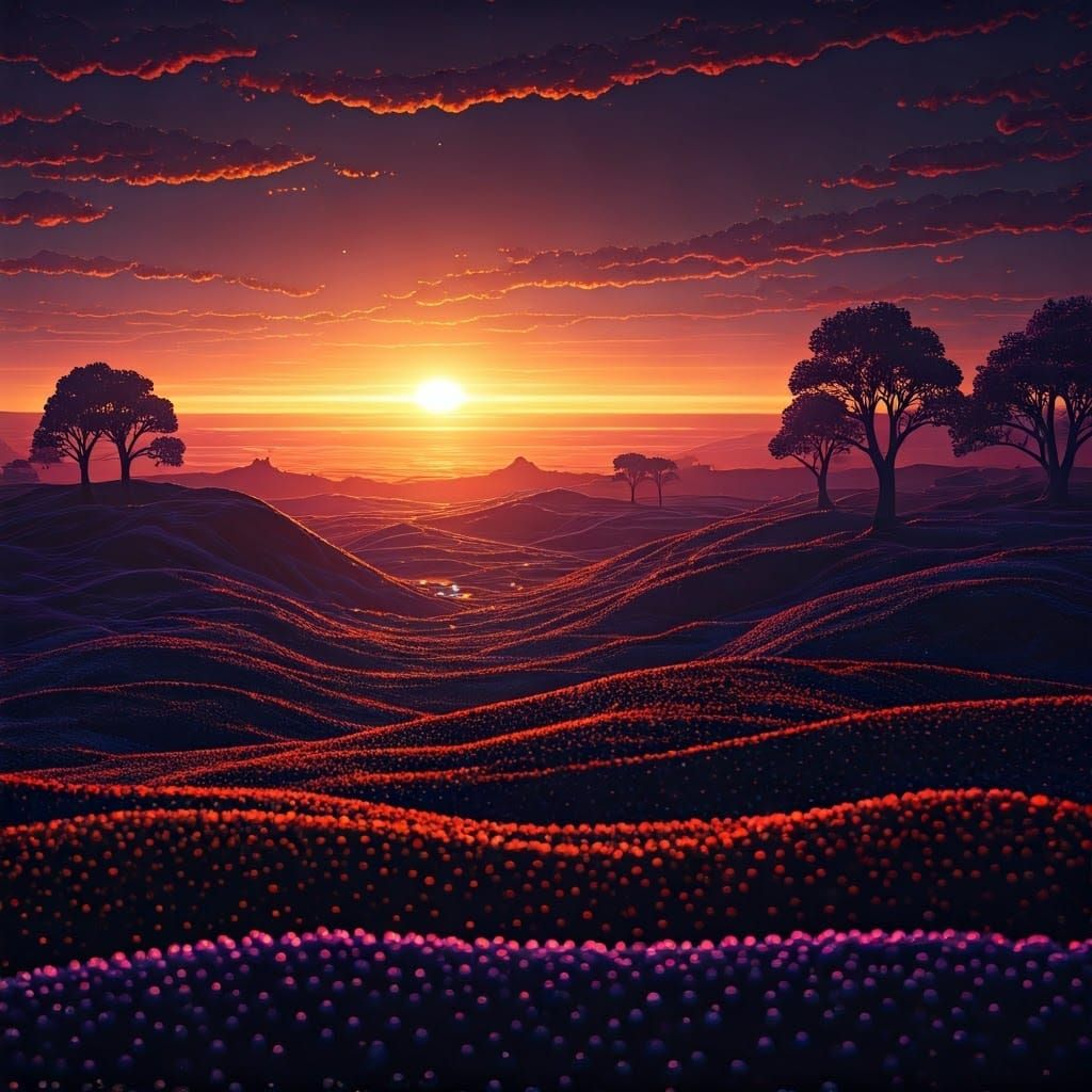 Pointillist Sunset Over Tranquil Countryside