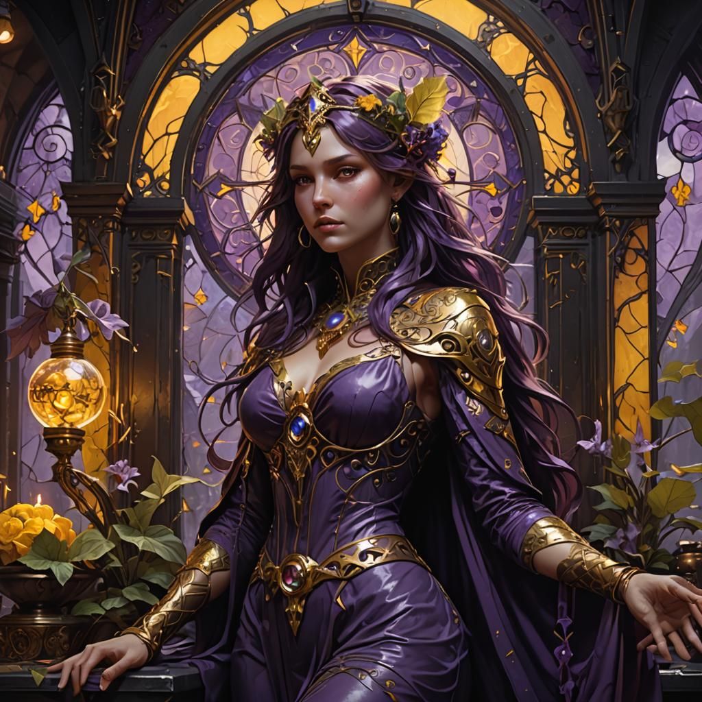 Dark Fantasy Woman with Snakes in Purple and Yellow
