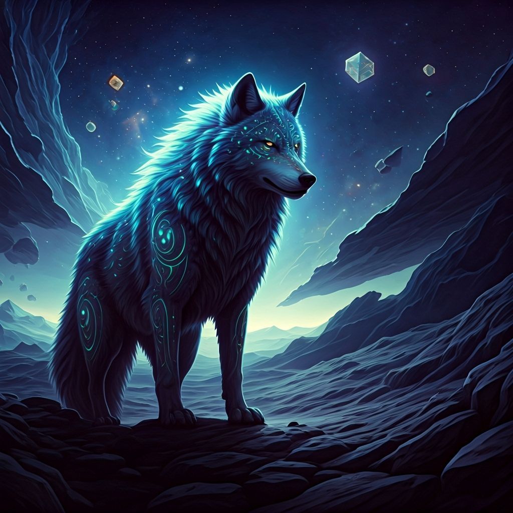 Bioluminescent Wolf in Cosmic Horror Landscape